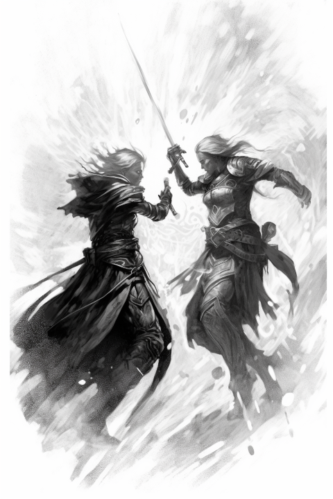 Black and white art of two women dueling.