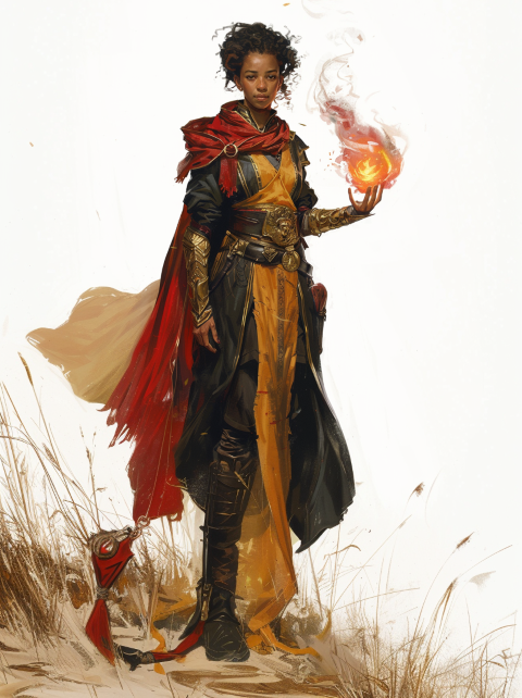 A woman standing, her hand wreathed in flame, ready to cast a spell. (AI Image)