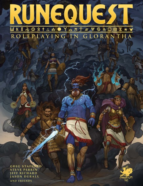 Cover of the Runequest TTRPG. A group of gods and adventurers decending from the clouds.