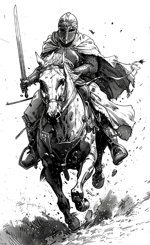 A black and white image of a warrior charging on a warhorse. AI Image.