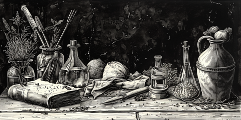 A black and white drawing of a bench with herbs, equipment, and books on it. AI Image.