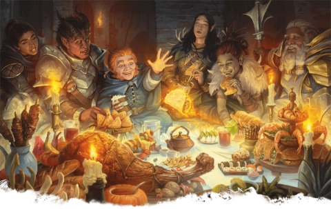 A group of adventurers enjoying a hearty feast.