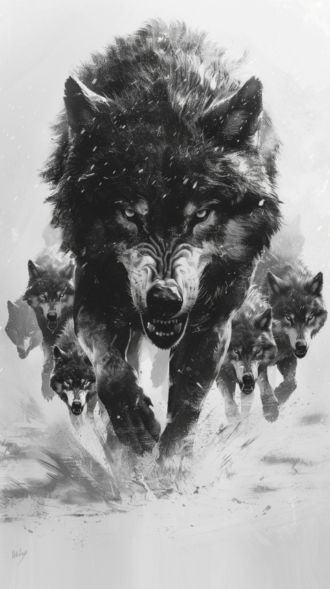 A large snarling wolf with a pack trailing behind them. AI Image.