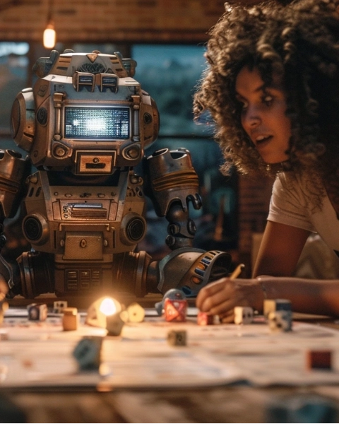 People playing dungeons and dragons with a robot looking on.